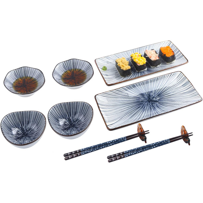 Набір керамічного посуду Artcome 10 шт. у японському стилі: 2 тарілки для суші, 2 соусники, 2 тарілки для закусок, 2 пари паличок для їжі, 2 підставки для паличок. Колір: блакитний.