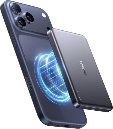 Портативний зарядний пристрій TORRAS MiniMag 10000mAh з MagSafe для iPhone 17 Pro Max, AirPods, iPhone Air 12-16, швидка зарядка, бездротовий, USB-C, сірий титан, 10000 mAh