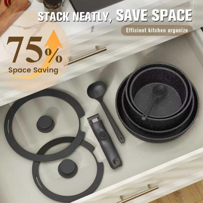 Набір посуду PureGlow Granit Antihaft з знімними ручками (10 предметів) – сковорода, каструлі з кришками, індукційний, для плити, духовки, чорний