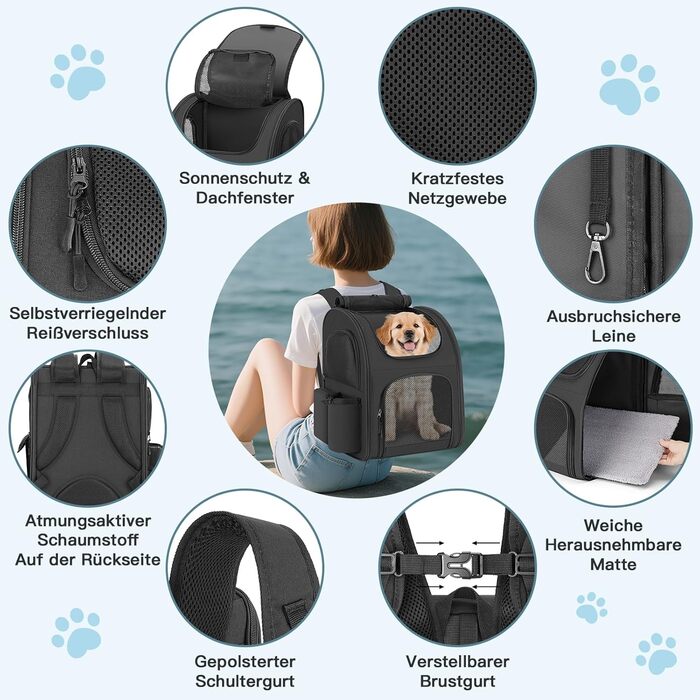 Рюкзак для тварин до 10 кг з сіткою, чорний. Зручний та дихаючий рюкзак для собак та котів з внутрішньою безпечною лінією та килимком.