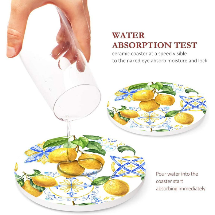 Drink coasters, set of 6, yellow lemon, fruit, blue ceramic tiles, pattern, absorbent, square, ceramic stone mat, with cork backing and metal holder, housewarming gift, (lemon)