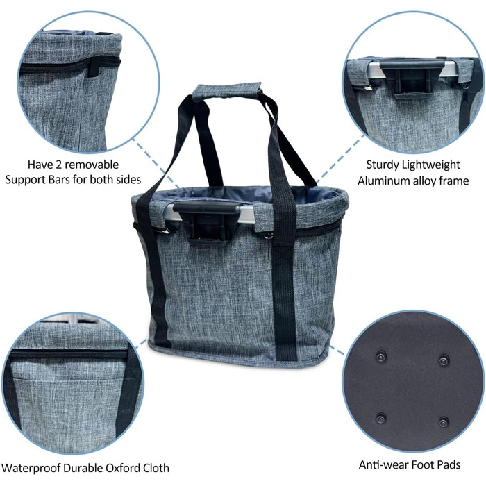 Складаний водовідштовхуючий кошик на кермо велосипеда, знімний, алюмінієвий каркас, для собак та котів, для походів, пікніків, покупок (Чорний) (Сірий A)