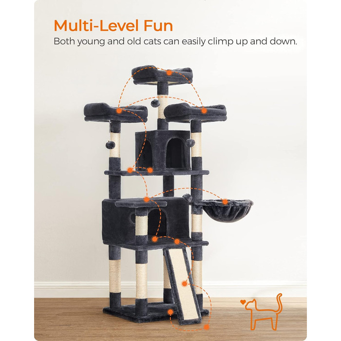 Драбина-кіготь для котів Feandrea, XXL, 169 см, сірий (PCT019W01, 54x49x169 см)