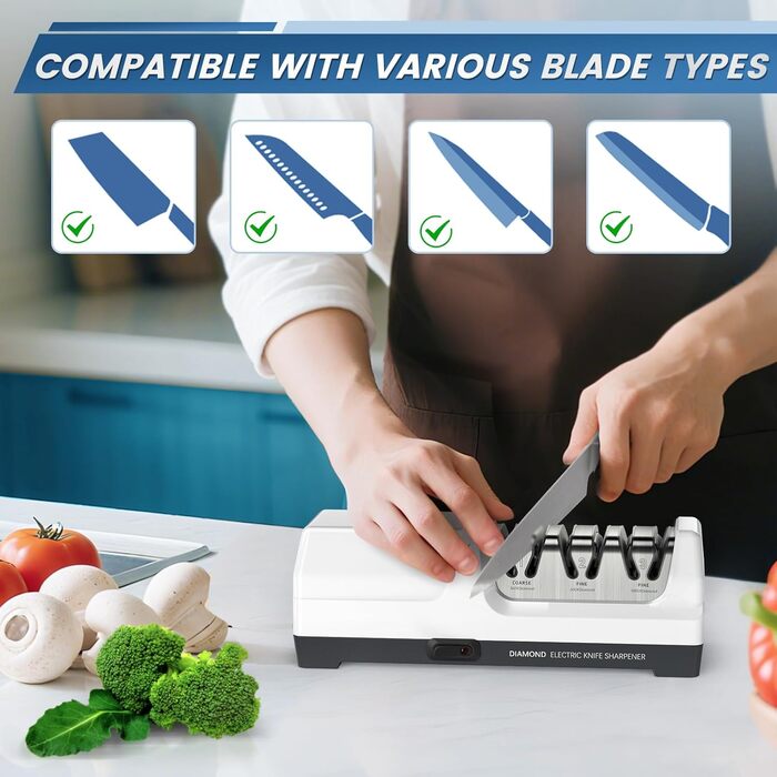 Електричний точило для ножів професійний 3-х ступінчастий з захистом від перегріву, тихий мотор, швидке заточування кухонних ножів (білий)