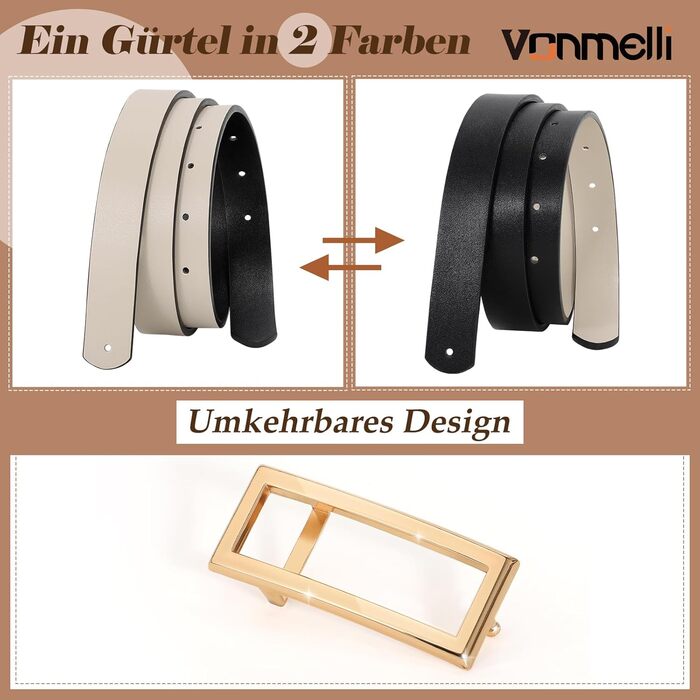 Жіночий ремінь VONMELLI вузький двосторонній шкіряний, чорний/бежевий, 120 см (талія 93-103 см) для суконь, джинсів, штанів із золотою пряжкою