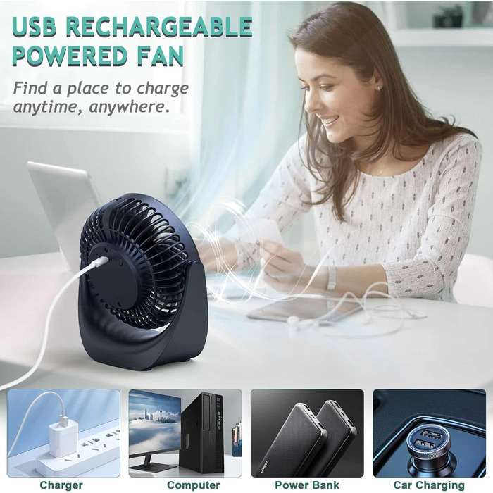 Настільний вентилятор SHAVINGFUN з USB-живленням, 4000mAh, 5 швидкостей, поворотний, тихий - для дому та офісу