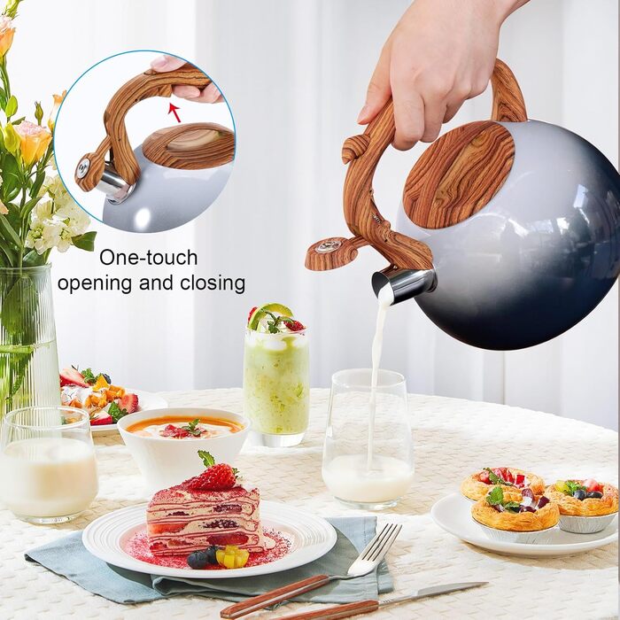 Чайник для плити GGC з регулятором рівня води 3.1 л / 3 л, з свистком, градієнт кольору сірий/чорний, з дерев'яною ручкою, з нержавіючої сталі для дому