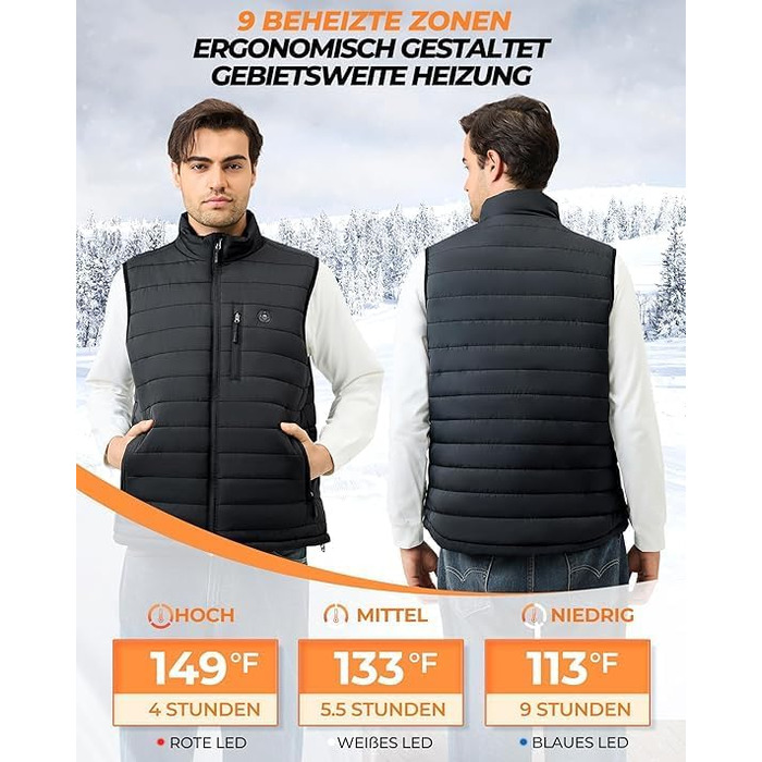 Тепла жилетка для чоловіків з Powerbank 16000mAh, 9 зон обігріву, 3 температурні режими, для активного відпочинку, чорна, L