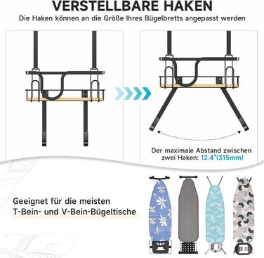 Настінна підставка для прасувальної дошки з кріпленням над дверима, чорна, з великим кошиком та знімними гачками
