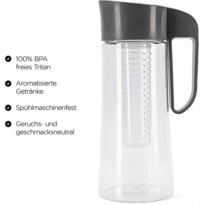 Healthy Kitchen Carafe with Fruit Infuser 2L – Water Carafe with Lid and Infuser, Infused Water Pitcher made of Tritan, 100% BPA-free – dishwasher safe (black)
