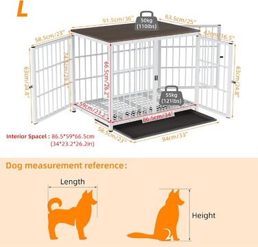 BingoPaw Клітка для собак з дерева, шафка-переноска, білий колір, 91x63x74 см. Знімний піддон, 3 двері, для середніх собак