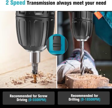 Акумуляторний шуруповерт BETENST 21V з 2 акумуляторами 2.0Ah, 42Nm, 25+3 ступені крутного моменту, 2 швидкості, LED-ліхтар, 30-ти елементний набір для дому та саду, DIY проєкти, блакитний