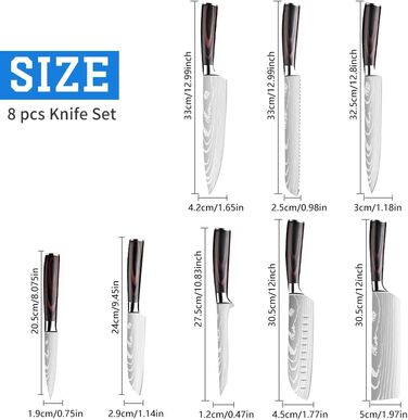 Набір кухонних ножів Dfito, 8 предметів, з нержавіючої сталі, різні розміри, зручні ручки