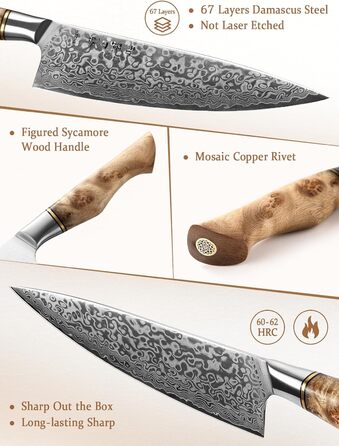 HEZHEN Професійний ніж кухарський 21 см Дамаск, VG10, серія Gyuto Master, кухонний ніж з ручкою з берези для дому та ресторану