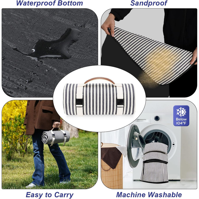 Водонепроникний плед для пікніка TwentyNext, 145x199.9 см, для пляжу, кемпінгу, з ручкою, машинного прання, складаний, в смужку