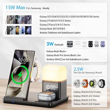 База для бездротової зарядки 6-в-1 з годинником та нічником для Samsung Galaxy (15W, чорний)