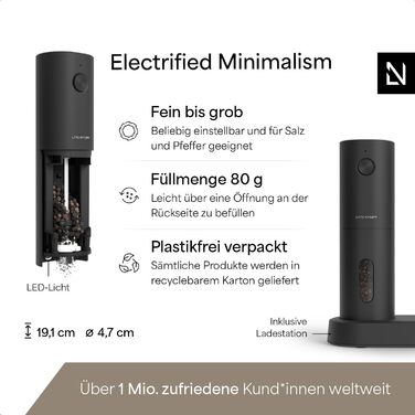 LARS NYSØM Electric Salt and Pepper Grinder Set of 2 with Adjustable Ceramic Grinding Mechanism from Coarse to Fine | Design Spice Grinder Set Automatic (2 Pieces) (Carbon Black)