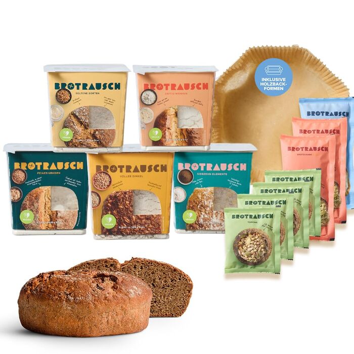 Brotrausch Spelt Bread Bread Mix (5 x 400g) – includes wooden bread form - natural, vegan, and without chemicals - with spelt, rye & whole grain, bake bread
