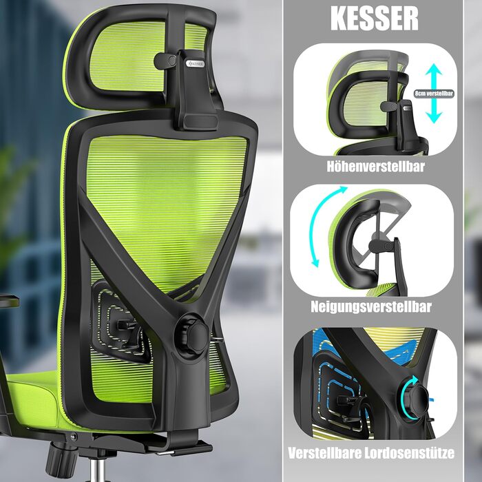 Крісло офісне KESSER® ергономічне з регульованими підлокітниками, підтримкою попереку та підголівником. Офісне крісло з функцією гойдання до 125° та 5 роликами. Зелений/Сріблястий колір