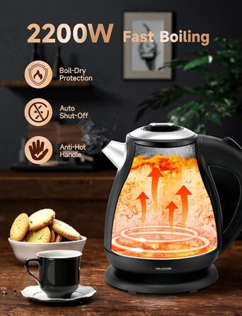 Електричний чайник Aigostar Adrian Retro з нержавіючої сталі, 1.7л, 2200W, аналоговий термометр, LED-підсвічування, автоматичне відключення, чорний
