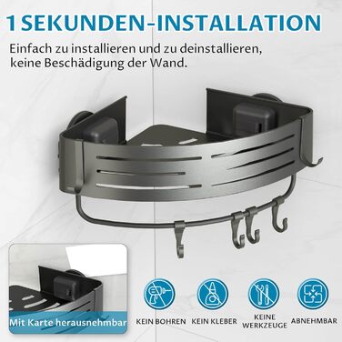 Двомісне куткове поличок для душу без свердління з присосками, водонепроникний органайзер для ванної кімнати, з тримачем для рушників, для шампуню та гелю для душу, чорний матовий (1 шт. сірий кутовий поличок для душу)