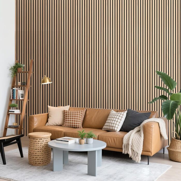 Акустичні панелі з натурального шпона дуба, самоклеючі (набір 2 шт, 100x52 см) для шумоізоляції та декору стін у вітальні, офісі та спальні