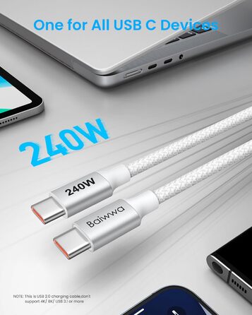 Кабель USB-C to USB-C 240W, 1м, білий. Швидка зарядка 5A. Сумісний з iPhone 15/16 Pro Max, Samsung Galaxy S25/S24 Plus/A16/A56