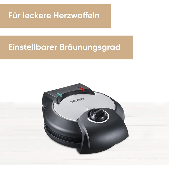 Severin Black Line Heart Waffle Maker - PFAS-Free Coating, Indicator Light, Cord Storage, 1000W