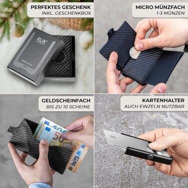PURISTO KLIK: Тонкий міні-портмоне для чоловіків з натуральної шкіри з RFID захистом - 12 карт, без відділу для монет (Carbon)