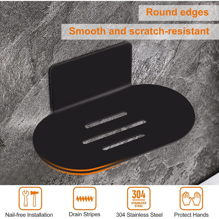 Тримач для мила на стіну без свердління HONZUEN, нержавіюча сталь, чорний. Підходить для ванної кімнати та кухні, для мила, губок, щіток.