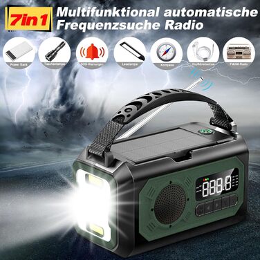 Радіоприймач Kurbelradio на сонячній енергії з ручним заводом, 12000mAh, 7-в-1, SOS, ліхтарик, компас, зелений