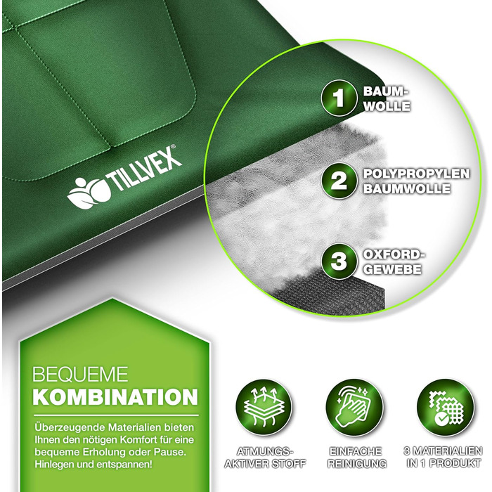 Кемпінгове ліжко Tillvex® складне з сумкою, до 200 кг | Широке розкладне ліжко для відпочинку на природі та вдома | Карпове ліжко для риболовлі, кемпінгу, фестивалів, подорожей (210 x 80 x 40 см, Зелене)