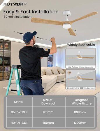 Стеляний вентилятор Holz з підсвічуванням, тихий DC-двигун, 90 см, для вулиці, 3 дерев'яні лопаті, регульоване LED-освітлення 24W, пульт з пам'яттю, 6 швидкостей, таймер (дерево, 52 дюйми)