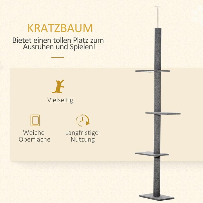 PawHut Cat Tree, Ceiling-High, 228-260 cm Adjustable Height Cat Tree, Climbing Tree for Cats with 3 Levels, Cat Scratching Post, Floor-to-Ceiling Play Tree Grey