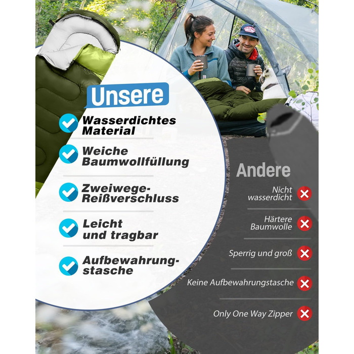 Сплячий мішок 3-4 сезони, водонепроникний, ультралегкий, для дорослих та дітей, 220*75см (Зелений)