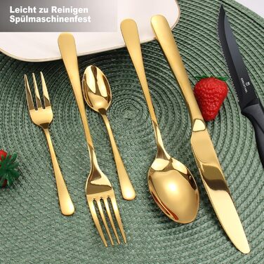 Набір столових приборів на 6 осіб, Targzier, 36 предметів, нержавіюча сталь, з ножем для стейку, високоякісний столовий прибор, ложки, виделки, ножі для сім'ї/вечірки/готелю, чорний, придатний для миття в посудомийній машині, 36 предметів, золотий прибор 