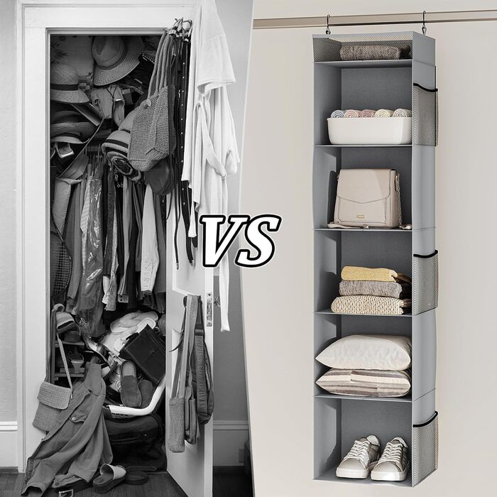 Організатор для шафи з сітчастими кишенями, 6 відділень, сірий, 30 x 30 x 130 см