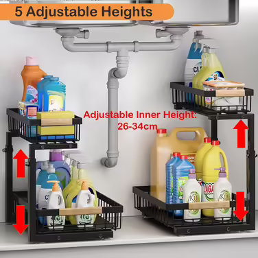 Metal Kitchen Cabinet Organizer 2 Tier, Adjustable Height Under Sink Shelf Bathroom Vanity Under Sink Cabinet with 2 Sliding Drawers, Cleaning Supplies Dish Soap Organizer for Household, Bathroom (2)