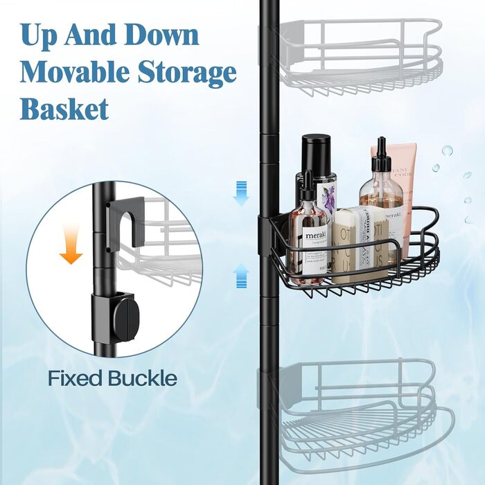 Телескопічна поличка для душу, регульована висота 58,5-317,5 см, чорна. Без свердління, для ванної кімнати