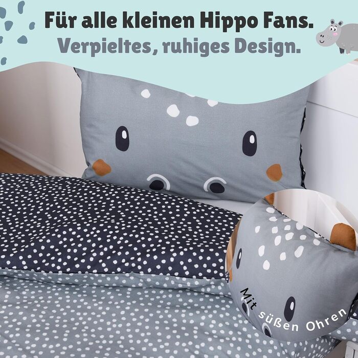 Дитяча постільна білизна (комплект 2 шт.) з 100% бавовни Oeko-Tex: ковдра 100x135 см та подушка 40x60 см, на блискавці, дихаюча, регулює температуру, з тваринами (Гіпопотам)
