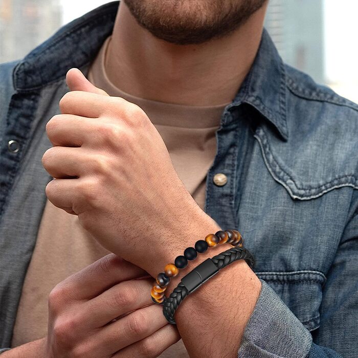 Чоловічий браслет з натуральної шкіри, чорний, плетений, з магнітною застібкою (2 шт.)