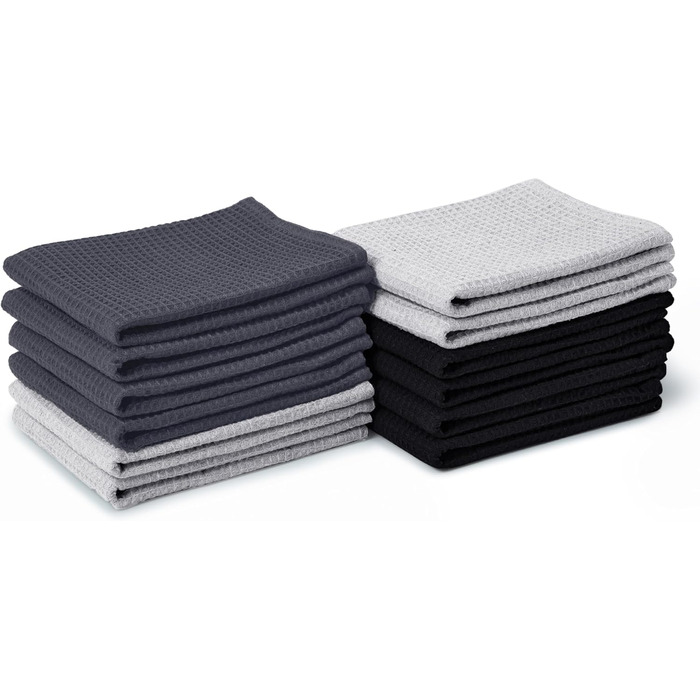 Encasa XO Kitchen Towels and Washcloths made of Cotton | Multicolor 3 | Waffle and Flat Weave Dishcloth | Dish Towel Set | 70x45 cm | Reusable and Quick-Drying 12-Piece Set
