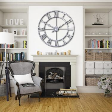 Samilito Large Wall Clock in Vintage Style, Round, Silent, Silver. Includes a FREE extra set of black clock hands. Metal clock for Loft, Living Room, Bedroom, and Kitchen decoration (Silver, 76 cm)