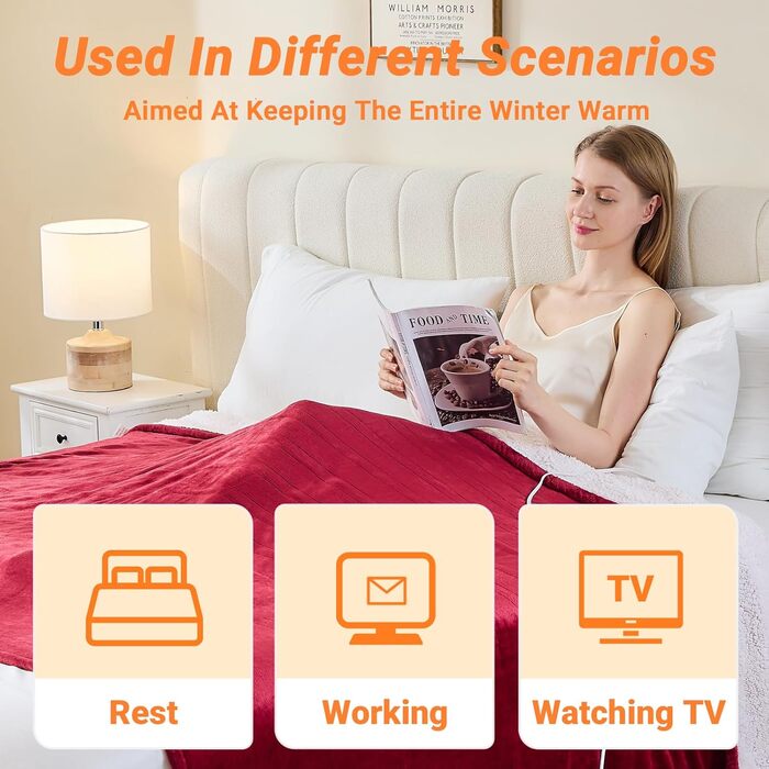 Електрична ковдра з підігрівом 130x180 см, 10 режимів нагріву, таймер автовимкнення, захист від перегріву, машинне прання, червона