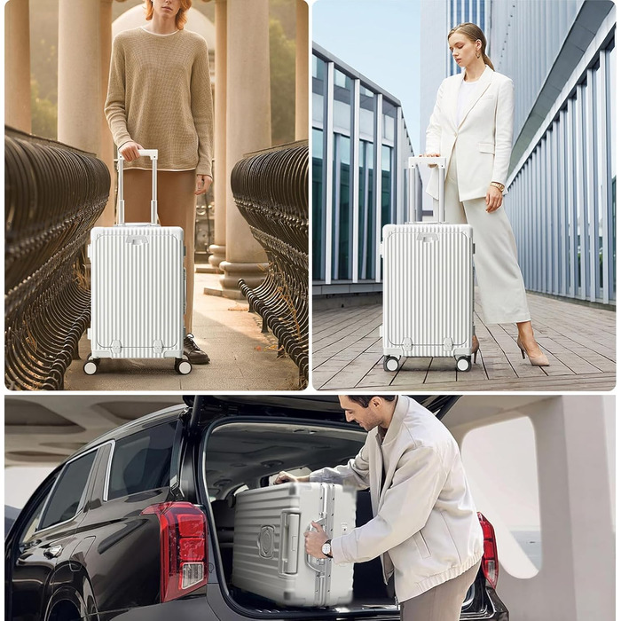 Чемодан ручної поклажі 56 см, 20 дюймів, з алюмінієвим каркасом, PC корпус, 4 колеса, TSA замок, USB-порт, тримач для напоїв, білий