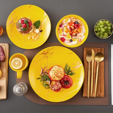 LOVECASA Набір посуду Sweet 16: 16-ти частинний сервіз з золотим декором, жовтий, для 4-12 осіб