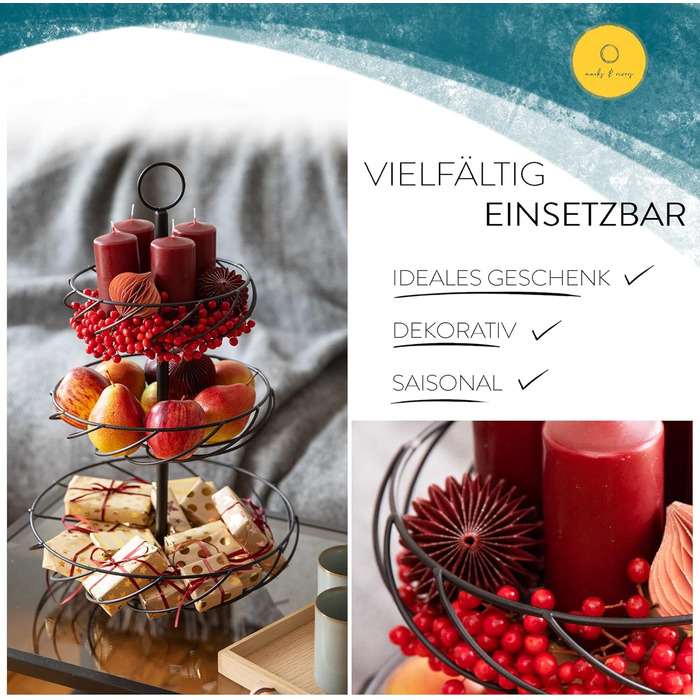 Стійка для фруктів Marks & Rivers 3 яруси XL | Металева фруктова стійка з 3 ярусами чорного кольору для елегантного зберігання у кухні та вітальні