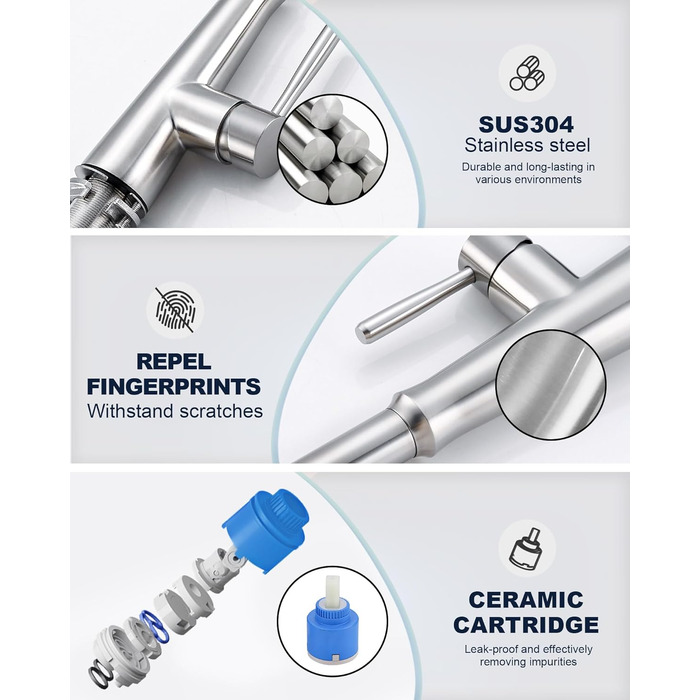 Змішувач кухонний iVIGA висувний з дозатором, водоспад, 360° поворот, 3 режими, щітене нікель