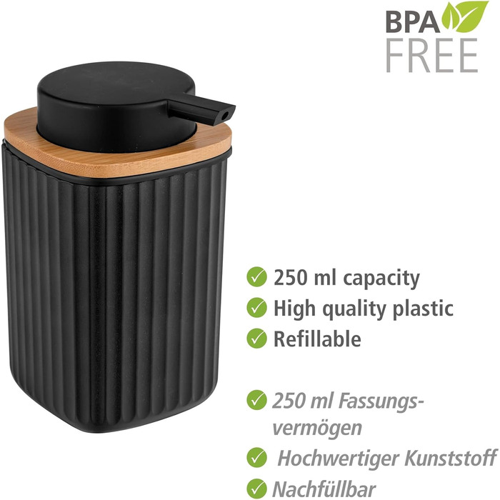 Дозатор для мила WENKO Rotello, 250 мл, з бамбуковими деталями, для мила та засобів для миття посуду, чорний/натуральний