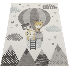 Дитячий килим Paco Home 160x230 см, кремовий, 3D дизайн гори, зірки, хмари, тварини, короткий ворс для хлопчиків і дівчаток